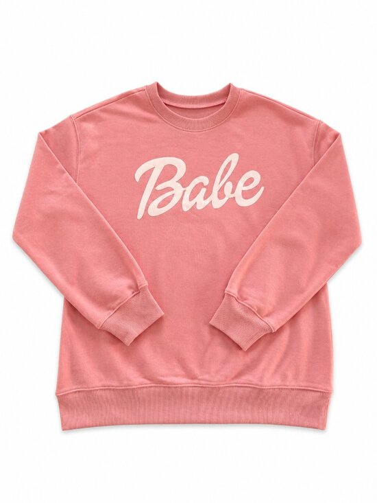 Serendipity Boutique Tops - Pink & White Barbie Font Babe Cotton Blend Long Sleeve Crew Neck Sweatshirt